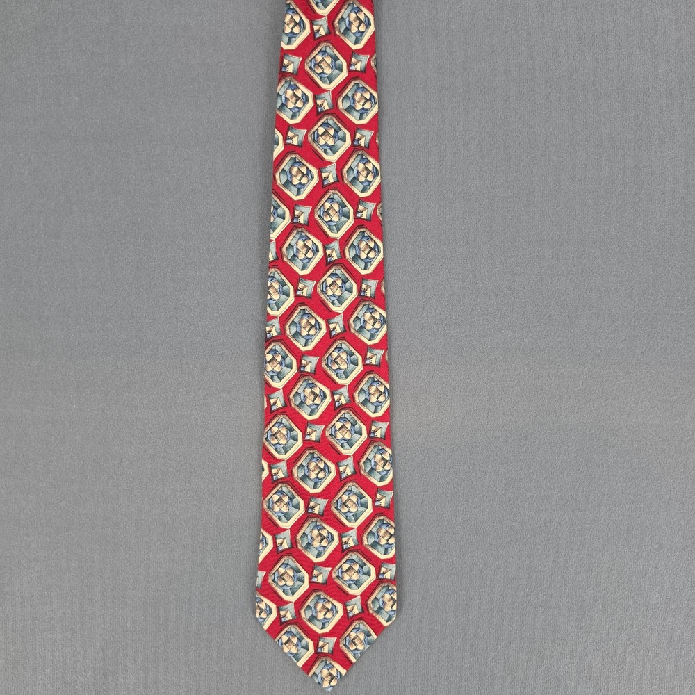 Adolfo Mens Silk Necktie Red Geometric Medallion Formal Business Dress Tie